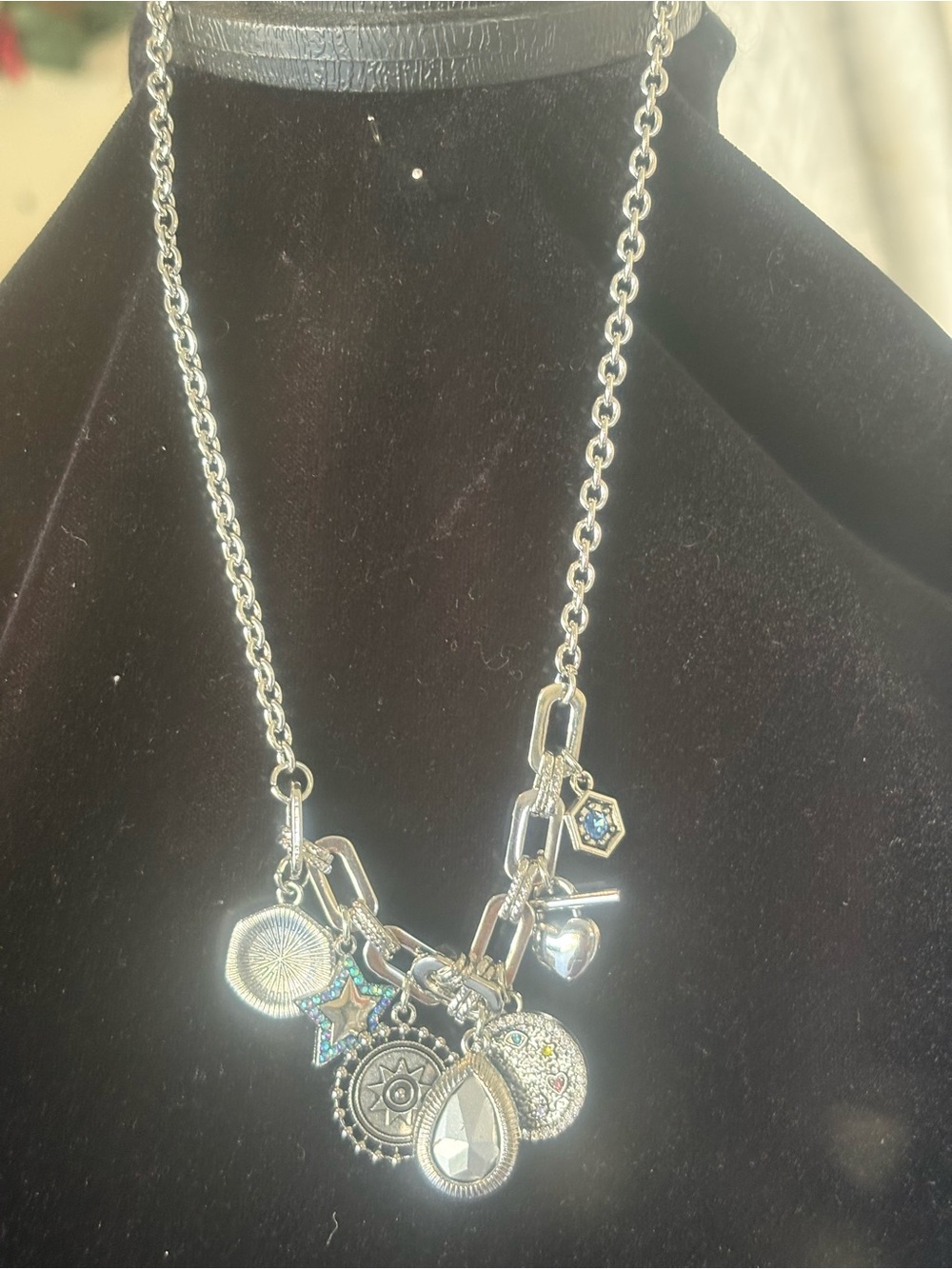 Silver Multi-Charm Pendant Necklace with Blue Accents